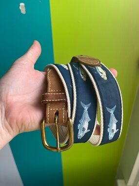 Solid Brass Canvas Belt with Navy Fish Embroidered and Brown Leather Trim